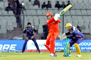 Islamabad United batter Alex Hales plays a shot during the Pakistan Super League (PSL) Twenty20 cricket match playing between Islamabad United and Quetta Gladiators at the National Stadium.