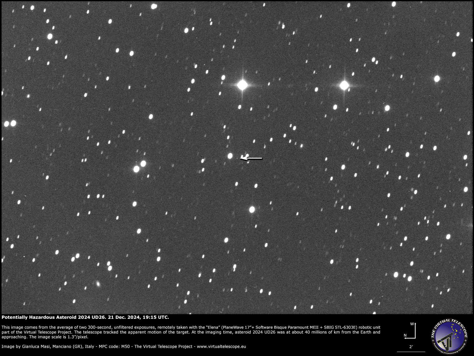 Potentially Hazardous Asteroid 2024 UD 26 close encounter: an image – 21 Dec. 2024.