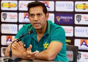 Pakistan Test interim head coach Aqib Javed addressing a press conference ahead of the second Test Cricket Match against West Indies at Multan Cricket Stadium.