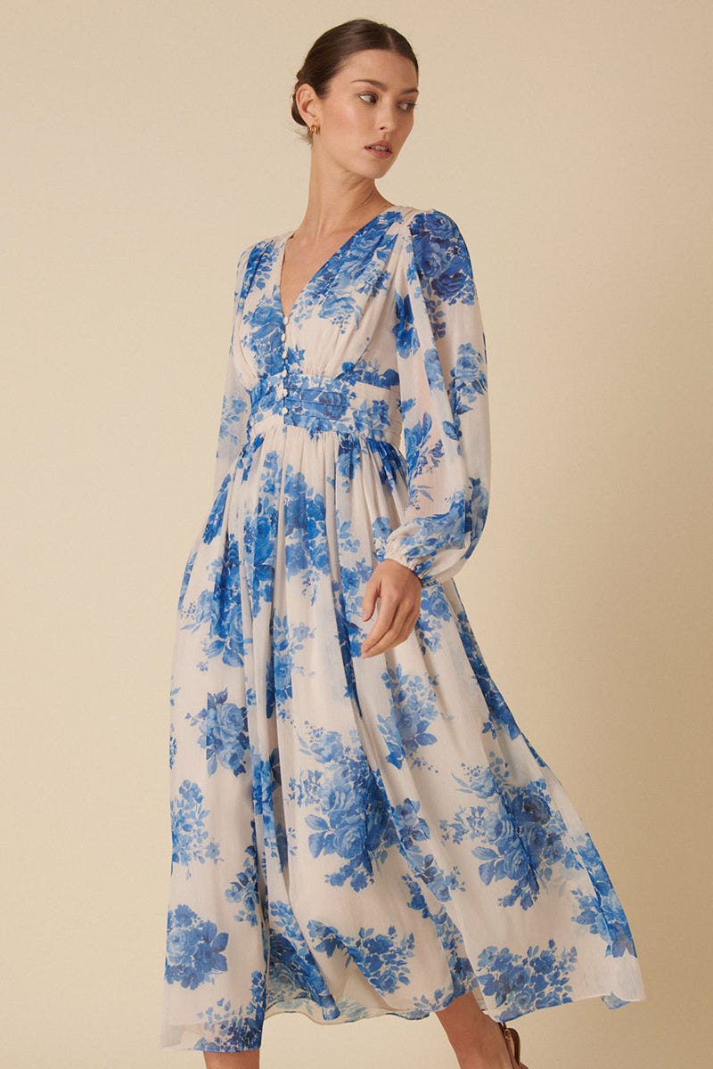 Blue Watercolour Floral Anya Midi Dress, £150
