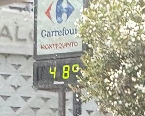 A street thermometer in Seville, Spain, showing 48 Celsius in a picture shared by a reader.