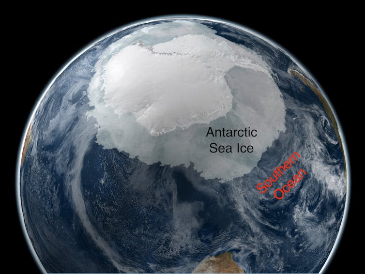 A satellite image of Antarctica with sea ice and Southern Ocean noted.