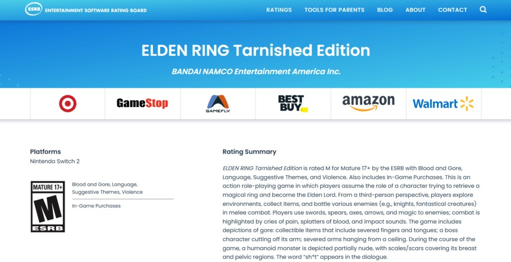 'Elden Ring' Switch 2 ESRB Rating