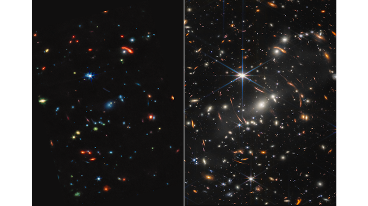 Two photos of space, with lots of stars and galaxies shown as little dots. The right image shows more, brighter dots than the left.