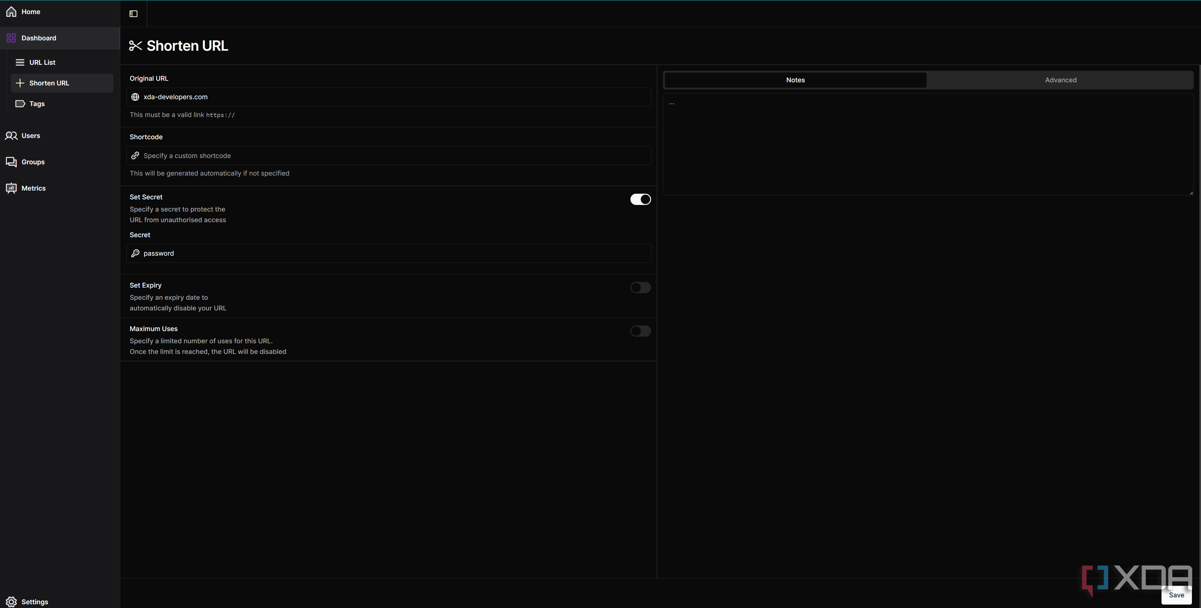 Self-hosted URL shortener showing options that can be set