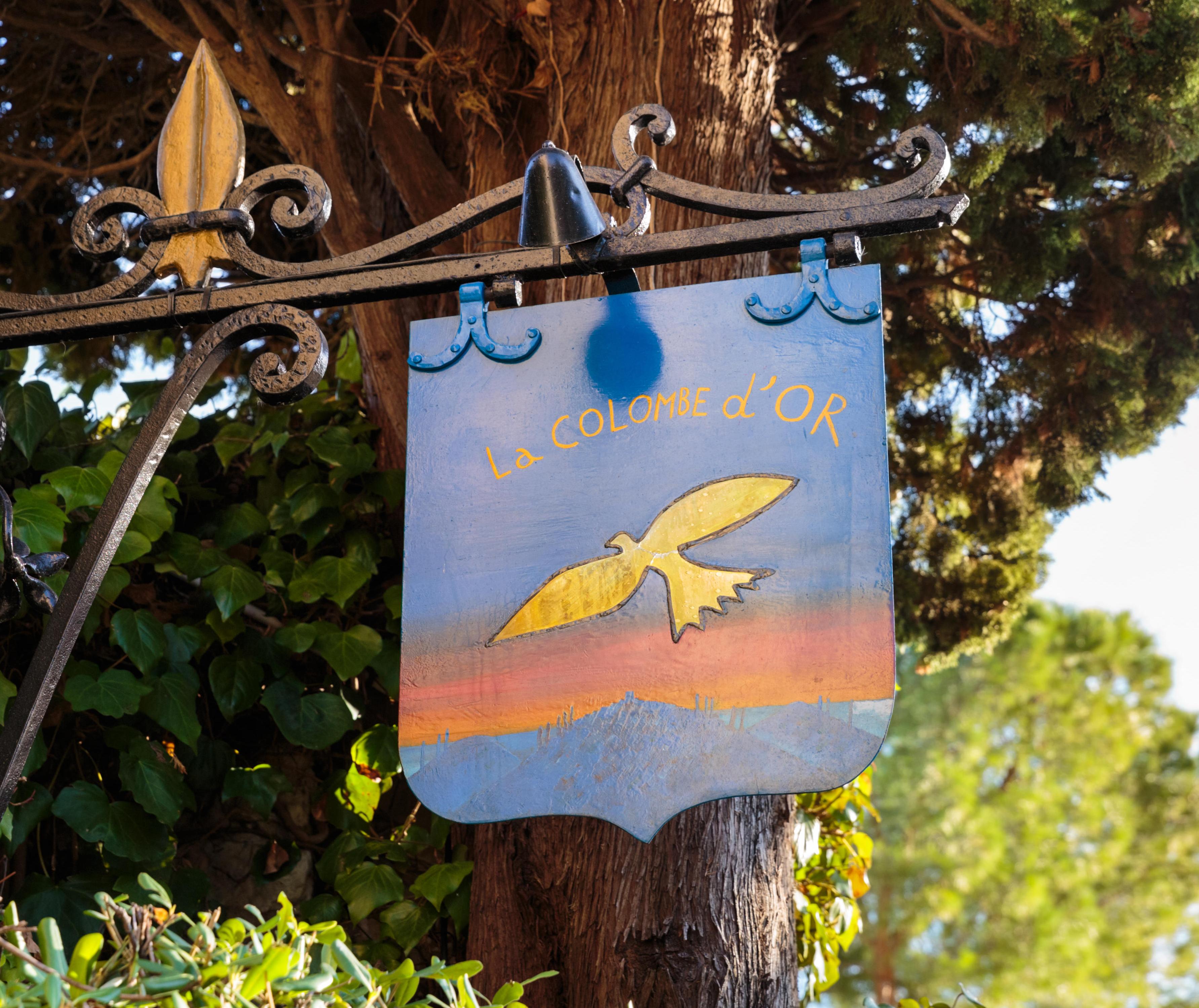 La Colombe d'Or restaurant and hotel sign in, Saint Paul de Vence, France