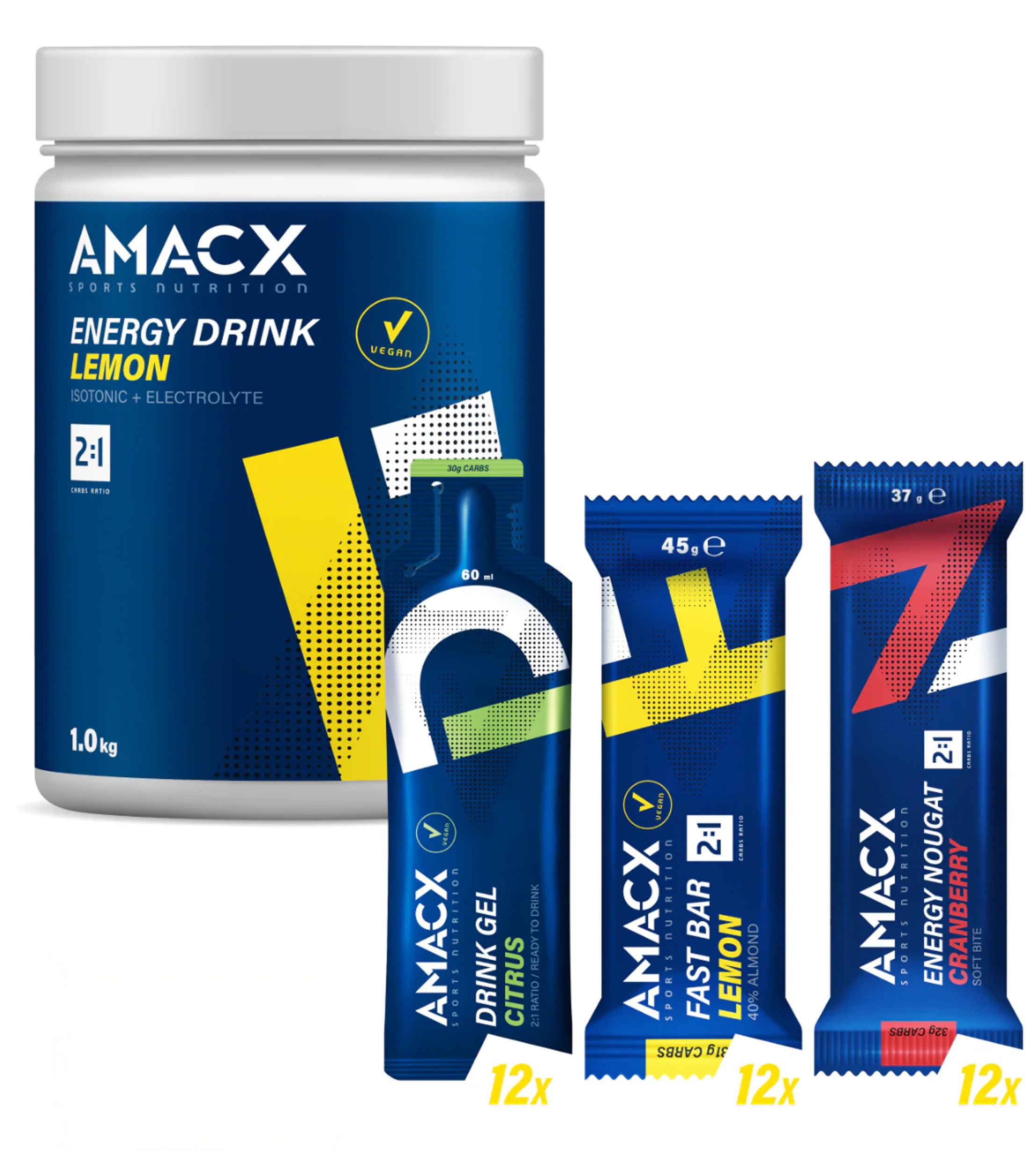 Illustration of Amacx sports nutrition products: lemon energy drink, citrus drink gel, lemon fast bar, and cranberry energy nougat.
