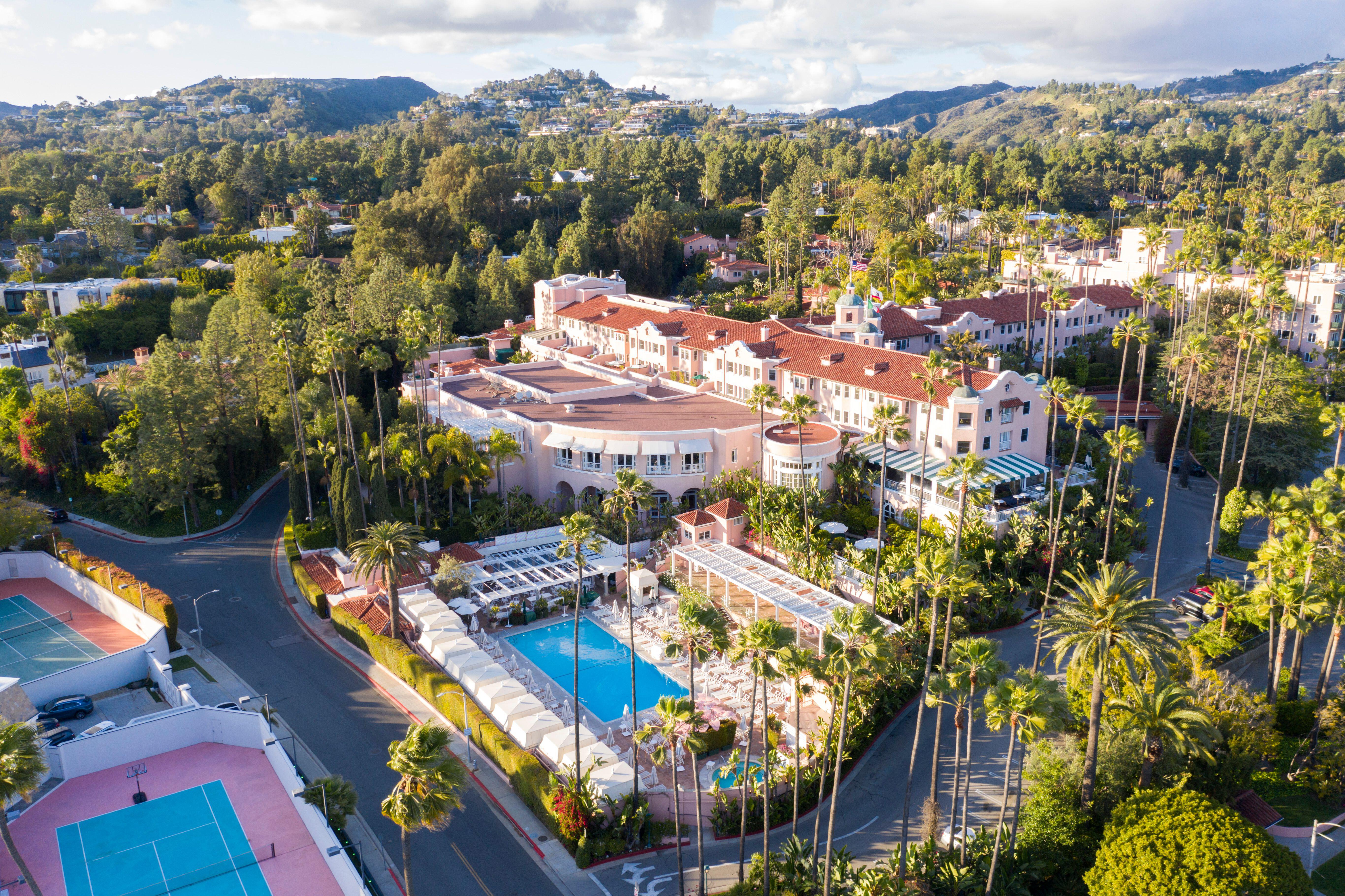 Aerial view of the Beverly Hills Hotel on Sunset Boulevard.