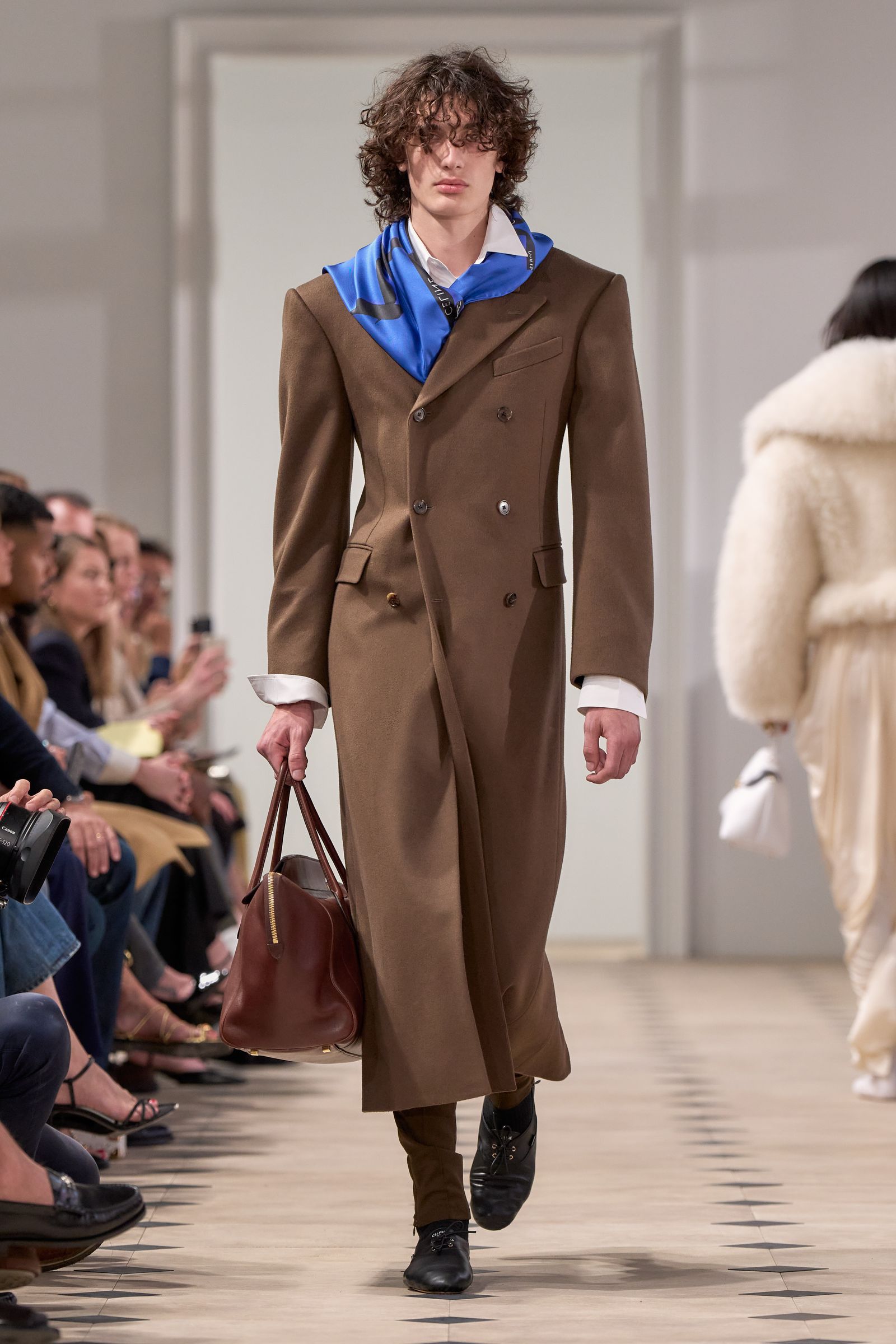 Image may contain Pierdavide Carone Clothing Coat Overcoat Accessories Bag Handbag Person Adult and Footwear