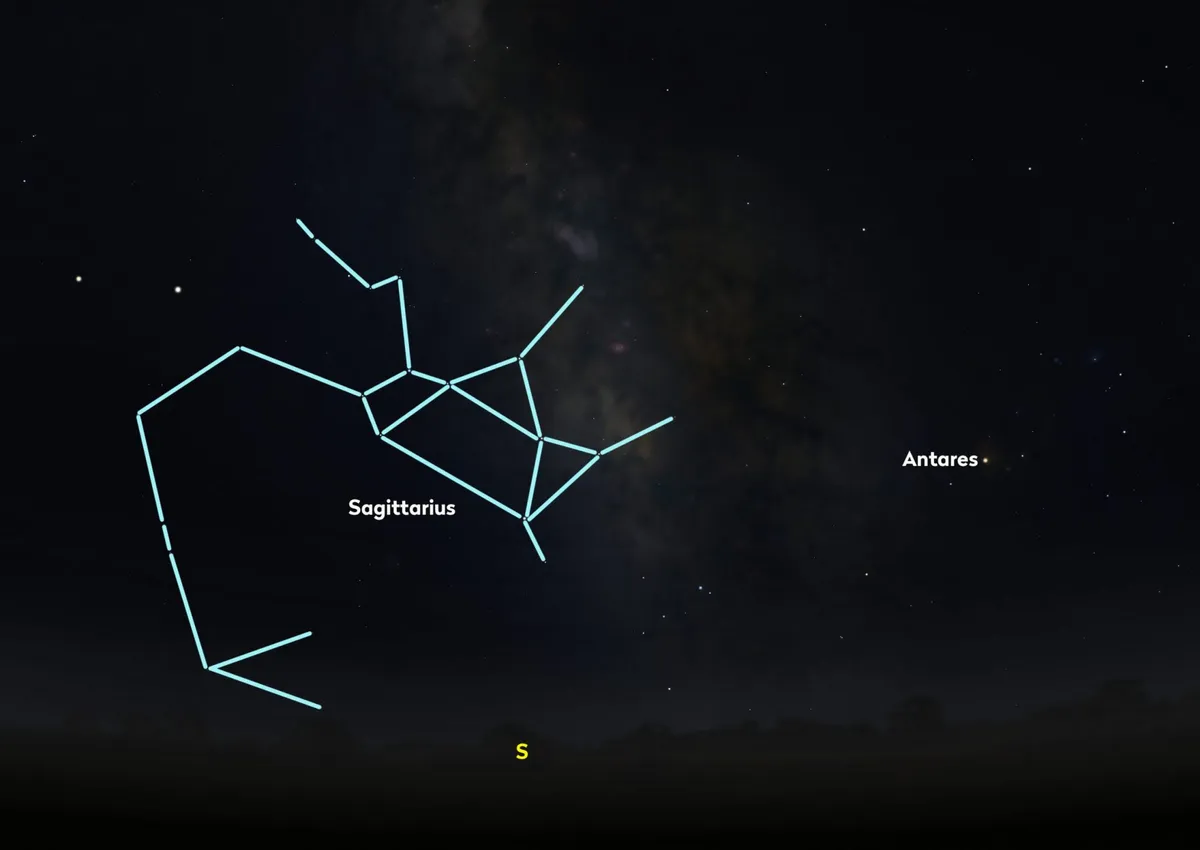 Sagittarius as it will appear from New York State, just before 02:00 mid June, looking towards the south. Like Scorpius, Sagittarius will appear lower in the sky from the UK, but see if you can spot the teapot lying at its centre. Credit: Stellarium