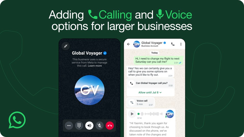 Image that reads "Adding calling and video options for larger businesses" and has to images WA calling UI 