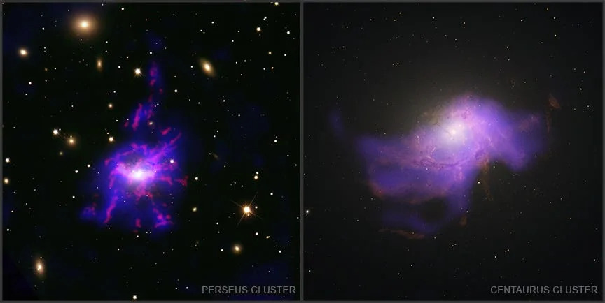This composite images shown side-by-side of two different galaxy clusters, each with a central black hole surrounded by patches and filaments of gas. The galaxy clusters, known as Perseus and Centaurus, are two of seven galaxy clusters observed as part of an international study led by the University of Santiago de Chile