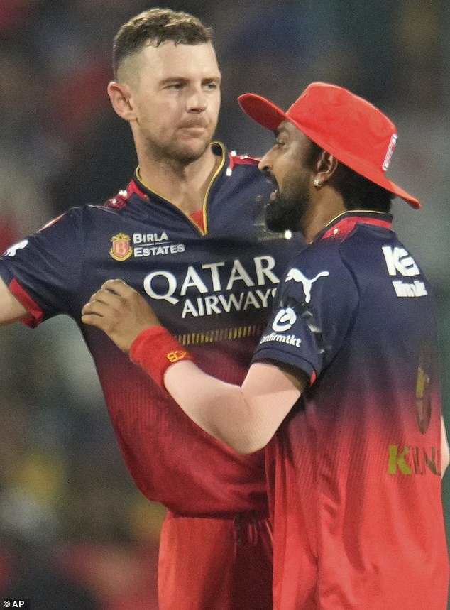 The Hit for Six: The Danger Zone report also revealed many IPL games this year were played in dangerous conditions, with air pollution also a concern (pictured left, Aussie paceman Josh Hazlewood playing for Royal Challengers)
