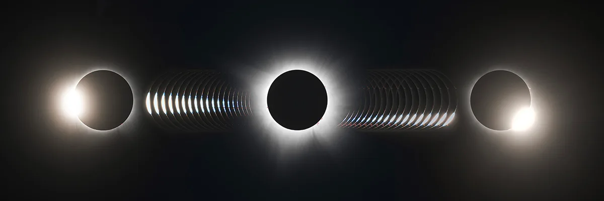 Progression of Baily's Beads © Damien Cannane. Taken with a Sky-Watcher Evolux 62 ED telescope, Celestron NexStar Evolution mount, ZWO ASI2600MC Pro camera, 360 mm f/5.8, Gain 100, Diamond Rings: 200 x 1/ 3-second exposures Baily's Beads: 400 x 1/ 6-second exposures, Totality: stack of 7 x 1/400-second exposure. Location: Dexter, Missouri, USA, 8 April 2024