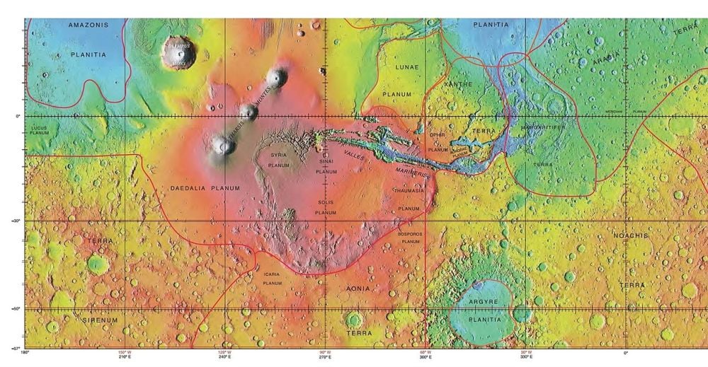 This map of Mars shows important surface features, as well as all of the planet's surface regions. Noachis Terra is a southern highland region of heavily cratered ancient terrain. Image Credit: By Jim Secosky modified NASA image. - http://planetarynames.wr.usgs.gov/images/mola_regional_boundaries.pdf, Public Domain,