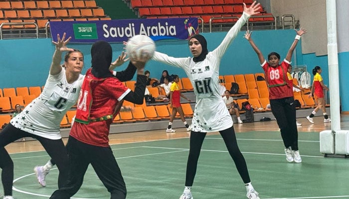 The members of the Pakistan team (white) and the Maldives team (red) can be seen in action during the Asian Youth Girls Netball Championship 2025 final (Plate Division Cup) at the Jeonju Hwasan Gymnasium, Jeonju, South Korea, on July 4, 2025. — Reporter