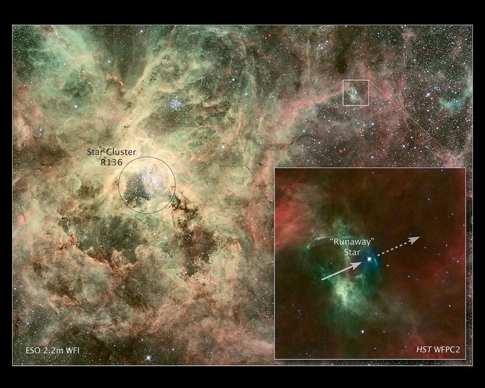 Runaway stars stand out from the background due to their trajectories and velocities. In 2010, the Hubble Space Telescope found another star ejected from a different part of the Tarantula Nebula. The heavyweight star, called 30 Dor #016, is 90 times more massive than the Sun and is travelling at more than 400,000 kilometers per hour from its home. Image Credit: By NASA, ESA, J. Walsh (ST-ECF) Acknowledgment: Z. Levay (STScI) Credit for ESO image: ESO Acknowledgments: J. Alves (Calar Alto, Spain), B. Vandame, and Y. Beletski (ESO) Processing by B. Fosbury (ST-ECF) - http://www.spacetelescope.org/news/heic1008/, CC BY 3.0.