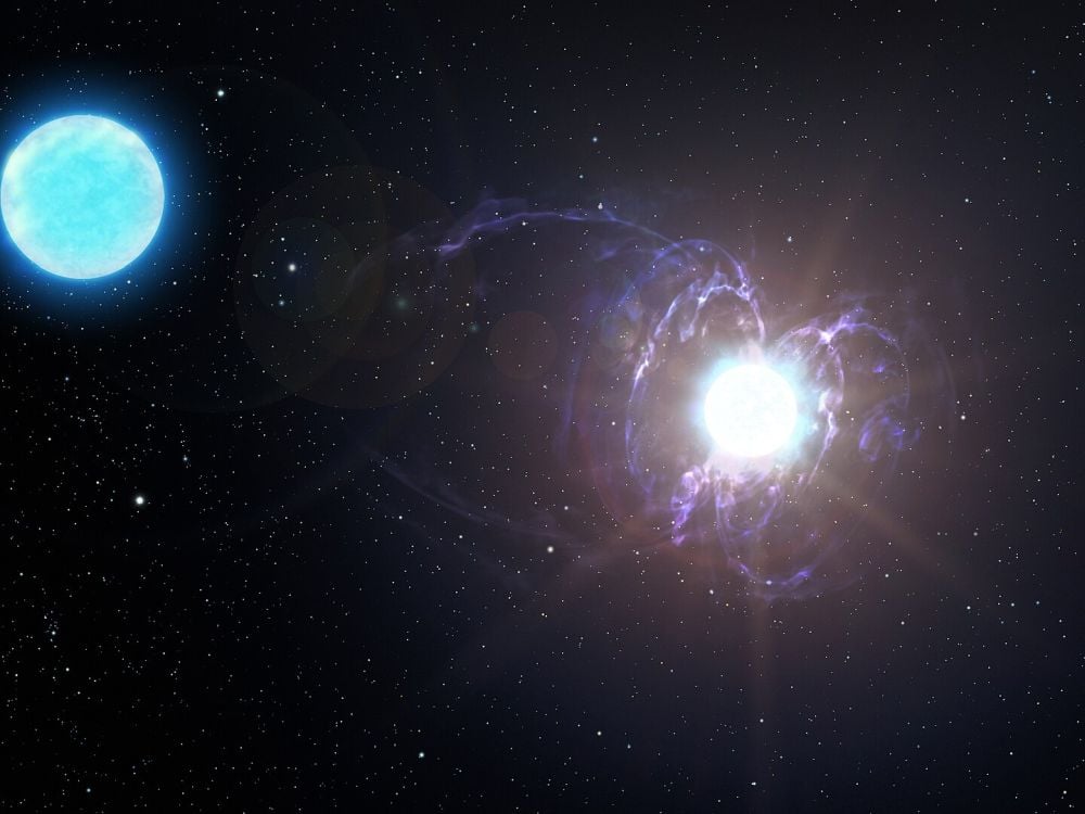 This illustration shows the binary star HD 45166. Its primary star is extremely magnetic, and IRAS 18162-2048 could be on the path to becoming one of these magnetic stars. Image Credit: By P. Marenfeld, M. Zamani - https://noirlab.edu/public/images/noirlab2323a/, CC BY 4.0.