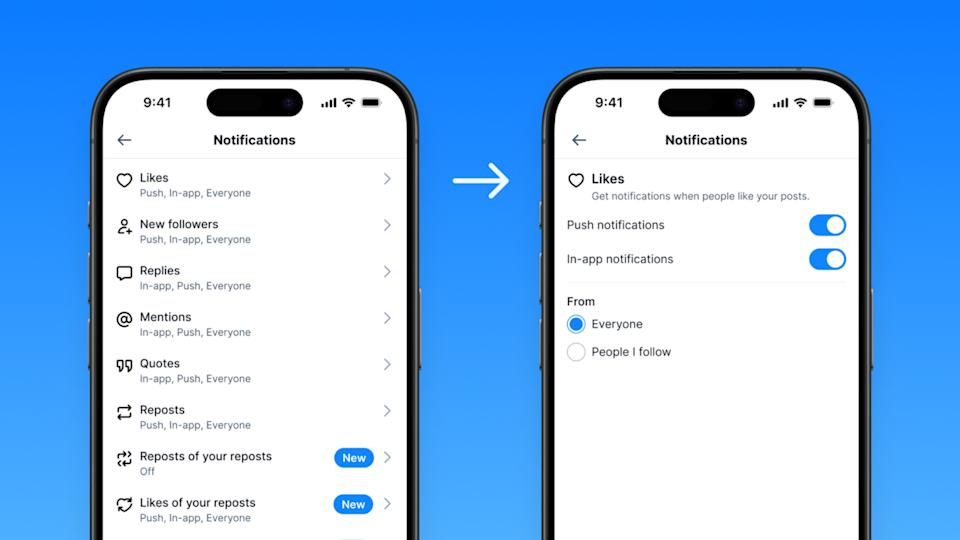 A screenshot of the Bluesky app showing the kinds of interactions that can trigger notifications and another screenshot showing how you can filter where and who you receive them from.