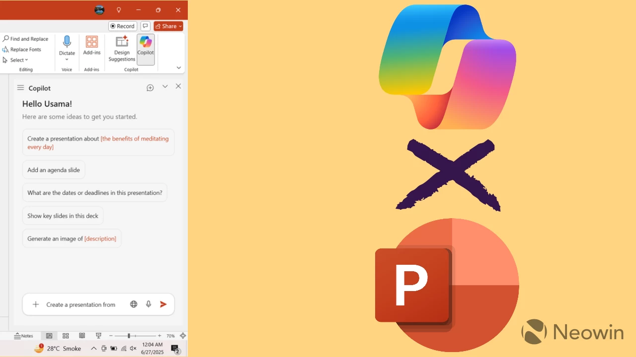 A slide deck snippet on the left side and Copilot x PowerPoint logos on the right