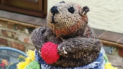 The Secret Society of Hertford Crafters A knitted otter, in brown colours, holding a red ball.