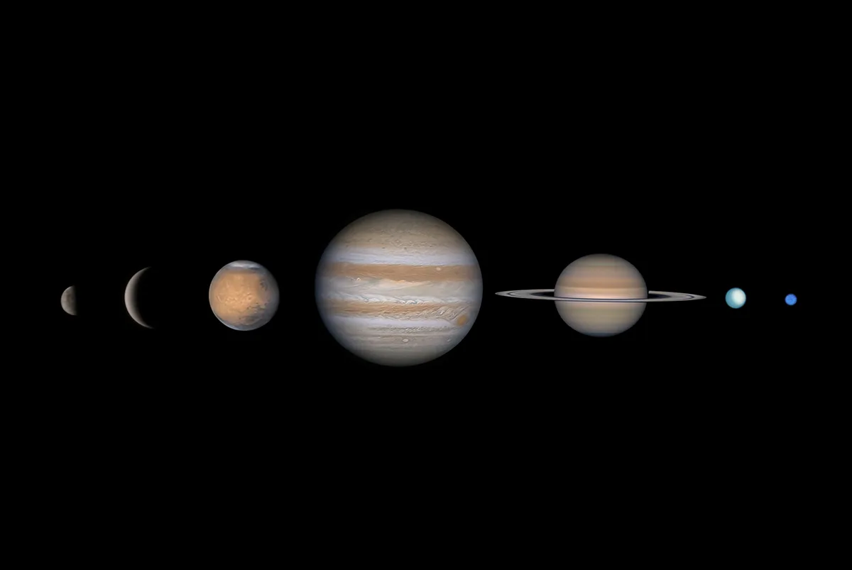 Solar System Portrait © Sophie Paulin. Taken with a Spacewalk Telescopes Horizon 20" f/3.2 Dobsonian, Tele Vue 5x 1.25" Powermate, Spacewalk Telescopes EQ-Platform ‘Trackie’, Player One Astronomy Uranus-C camera, thousands of