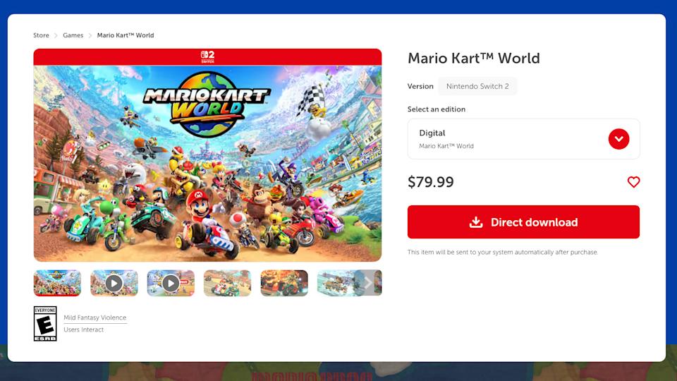 Nintendo Store listing for Mario Kart World, showing it's $79.99 price.