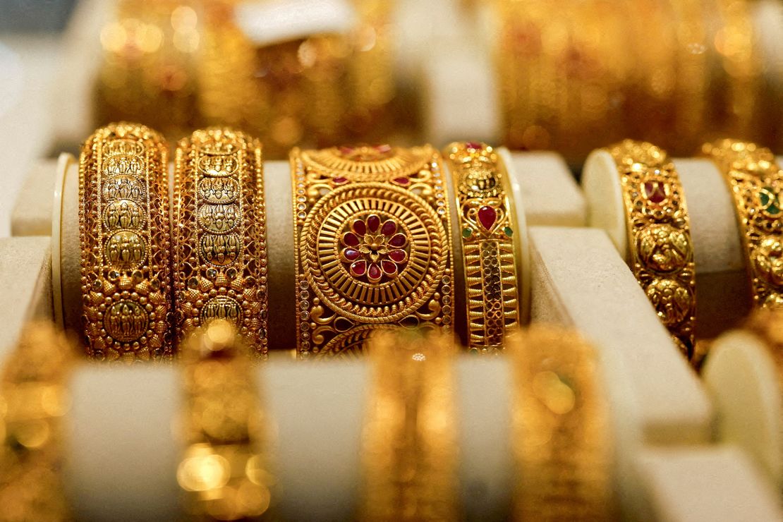 Gold bangles are displayed at a jewelry store in Mumbai, India, on March 20, 2025.