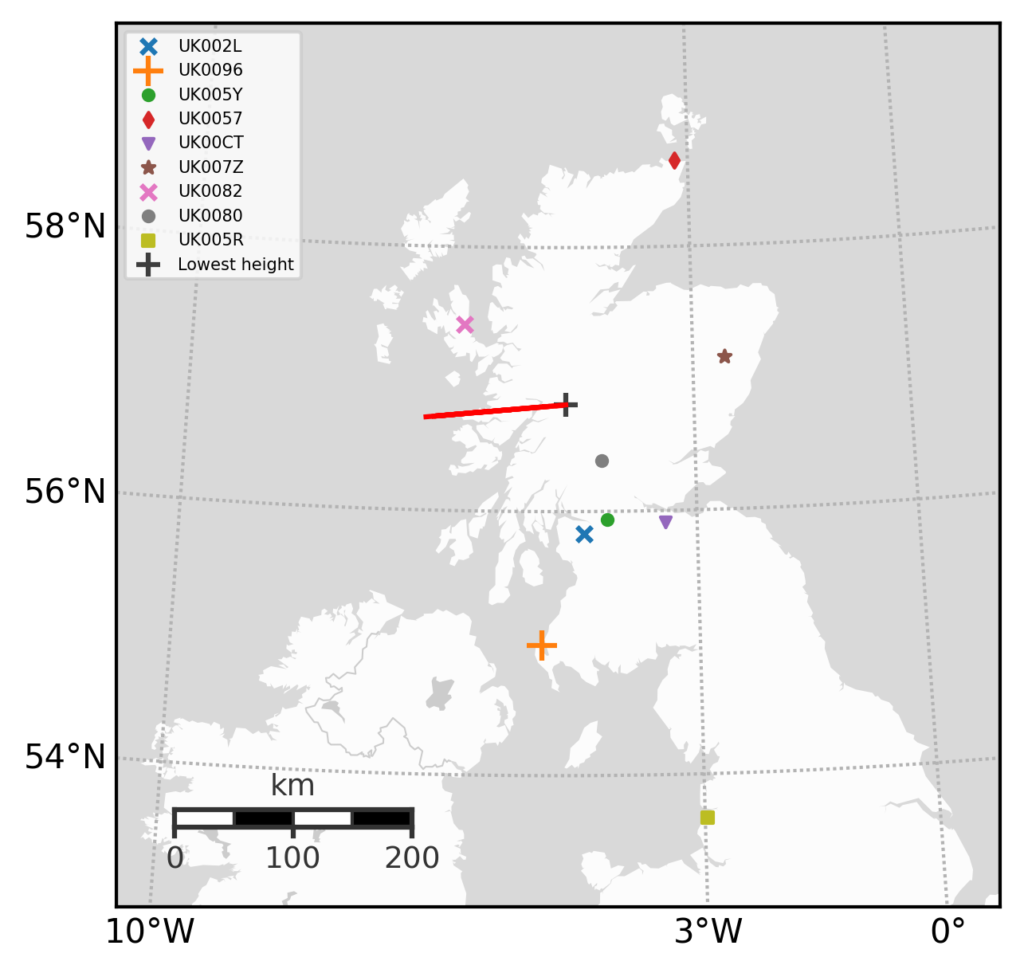 Figure 7: Projected path of the meteor above ground level. Crosses indicate the position of the numerous UKMON and GMN video stations that recorded the July 2nd, 2025, 23h 50min UT fireball. Credit: UKMON, GMN and Jamie Shepherd