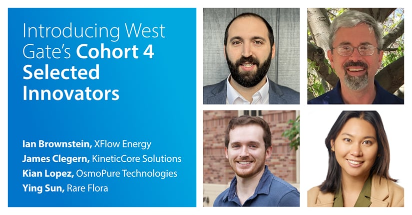20250721-west-gates-fourth-cohort-innovators-pursue-advanced-energy-applications-throughout-energy-landscape Four portraits next to text that reads Introducing West Gate's Cohort 4 Selected Innovators: Ian Brownstein, James Clegern, Kian Lopez, Ying Sun.