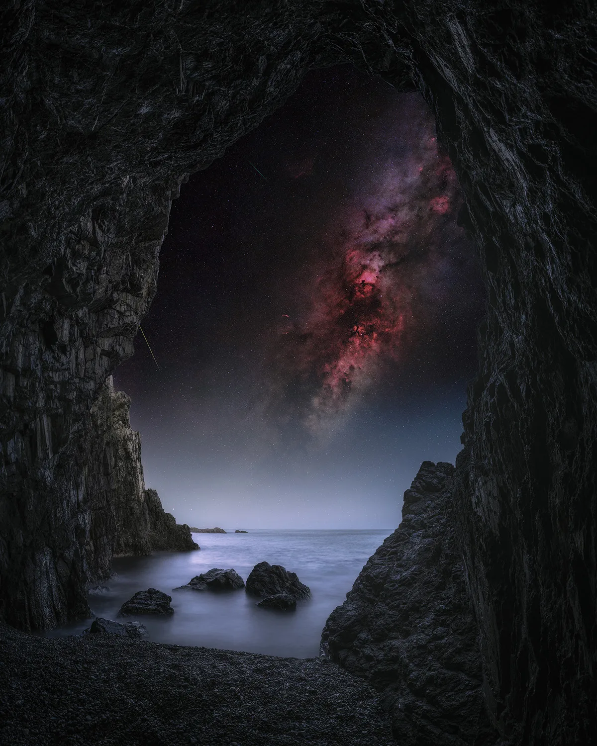 Cave of Stars © Yoshiki Abe. Taken with a Sony ILCE-7RM5 camera, 20 mm. Foreground: f/16, ISO 200, 30-second exposure, 3-frame panorama; Sky: f/1.4, ISO 800, 60-second exposure (stack of 51 frames); H-alpha: ISO 3,200, 90-second exposure (stack of 64 frames). Location: Nagato, Yamaguchi, Japan, 12 October 2024