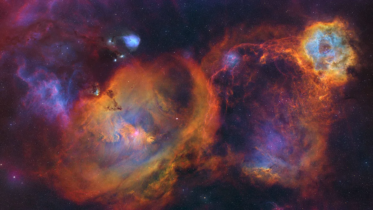A Rainbow Mosaic of the Rosette and the Christmas Tree Nebulae © Shaoyu Zhang. Taken with a Takahashi FSQ-106EDXIII telescope, Astrodon LRGBHSO filters, 10Micron GM 2000 HPS mount, Moravian Instruments G4-16803 camera, 382 mm f/3.6,150 hours total exposure. Location: Deep Sky Chile Observatory, Camino del Observatorio, Río Hurtado, Chile, 6– 13, 22– 29 November, 1– 9, 12, 13, 18– 24 December 2024