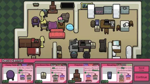 Furniture Fu A screenshot of the game Furniture Fu, where players can beat demons while mastering tasteful home design. Sofas, chairs and desks can be seen on the screen.