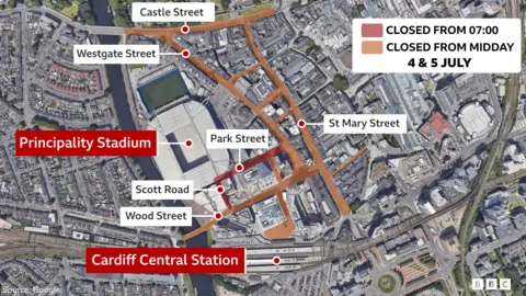 A graphic showing an aerial view of Cardiff's city centre with the gig's key locations and the roads that are going to close. The Principality Stadium and Cardiff Central Station have been labelled in red. Scott Road, Wood Street, Park Street, St Mary Street, Castle Street and Westgate Street have been labelled in white. All the streets have been coloured in according to their closing times. 