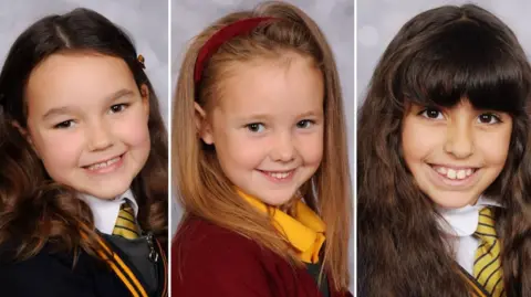 Family handouts A composite image Bebe King, Elsie Dot Stancombe and Alice Aguiar. The girls are all smiling at the camera in these professional school photographs. They are wearing their school uniforms.
