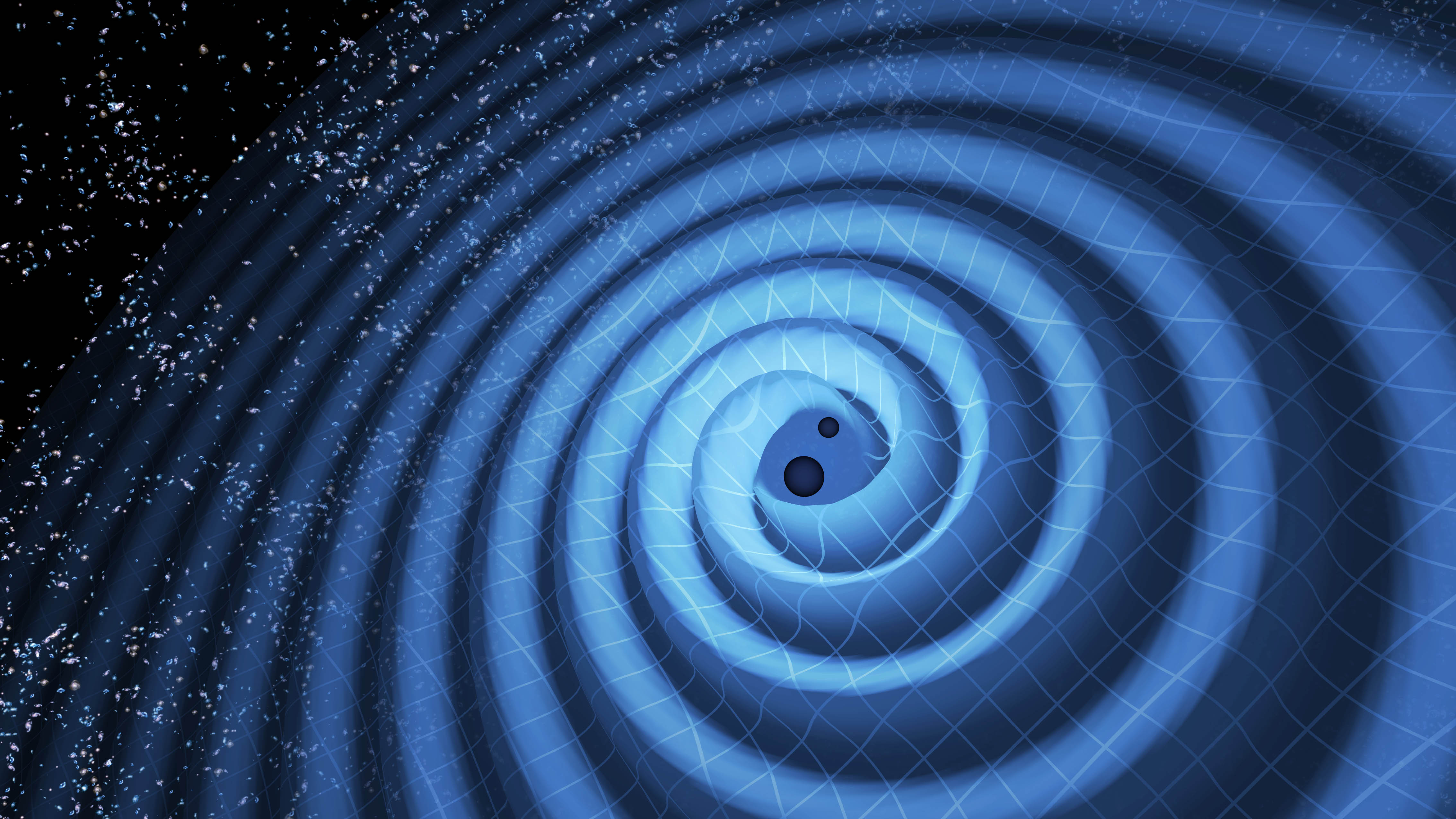 Two black holes in a binary spiral around each other emitting gravitational waves before colliding and merging