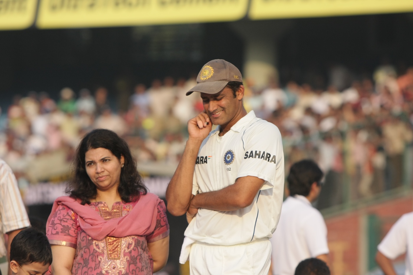 Goodbye to all that: Kumble with his wife at the end of his last Test, against Australia in 2008
