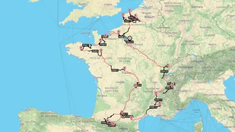 Follow My Challenge The route which Mrs Hudson cycled shown on a map of France. The route takes an anti-clockwise, banana-shaped inland loop around France, from the north coast, down through the centre, across the south and up the Swiss border before cutting across to the north again.