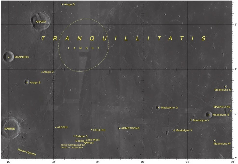 Location of the site for the analysed structure—a hypothetical crater near a 0.67 latitude North and a 23.47 longitude East within the selenographic coordinate system. Credit: NASA
