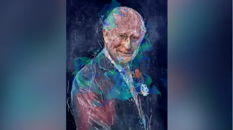 Copyright 2025 © Ai-Da Robot Studios The portrait of King Charles III made by Ai-Da.