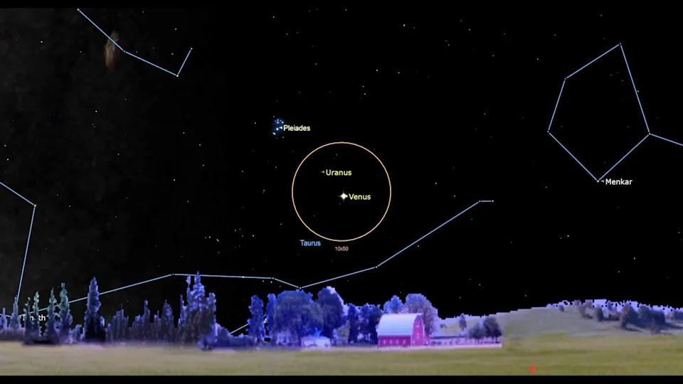 A map of the night sky with Venus and Uranus