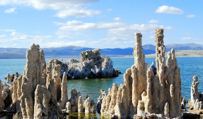Tufa columns in Mono Lake, California, where NASA scientists tested methods to find new chemical life forms in its salty water, believing the conditions to be similar to those on Mars or the Europa moon.