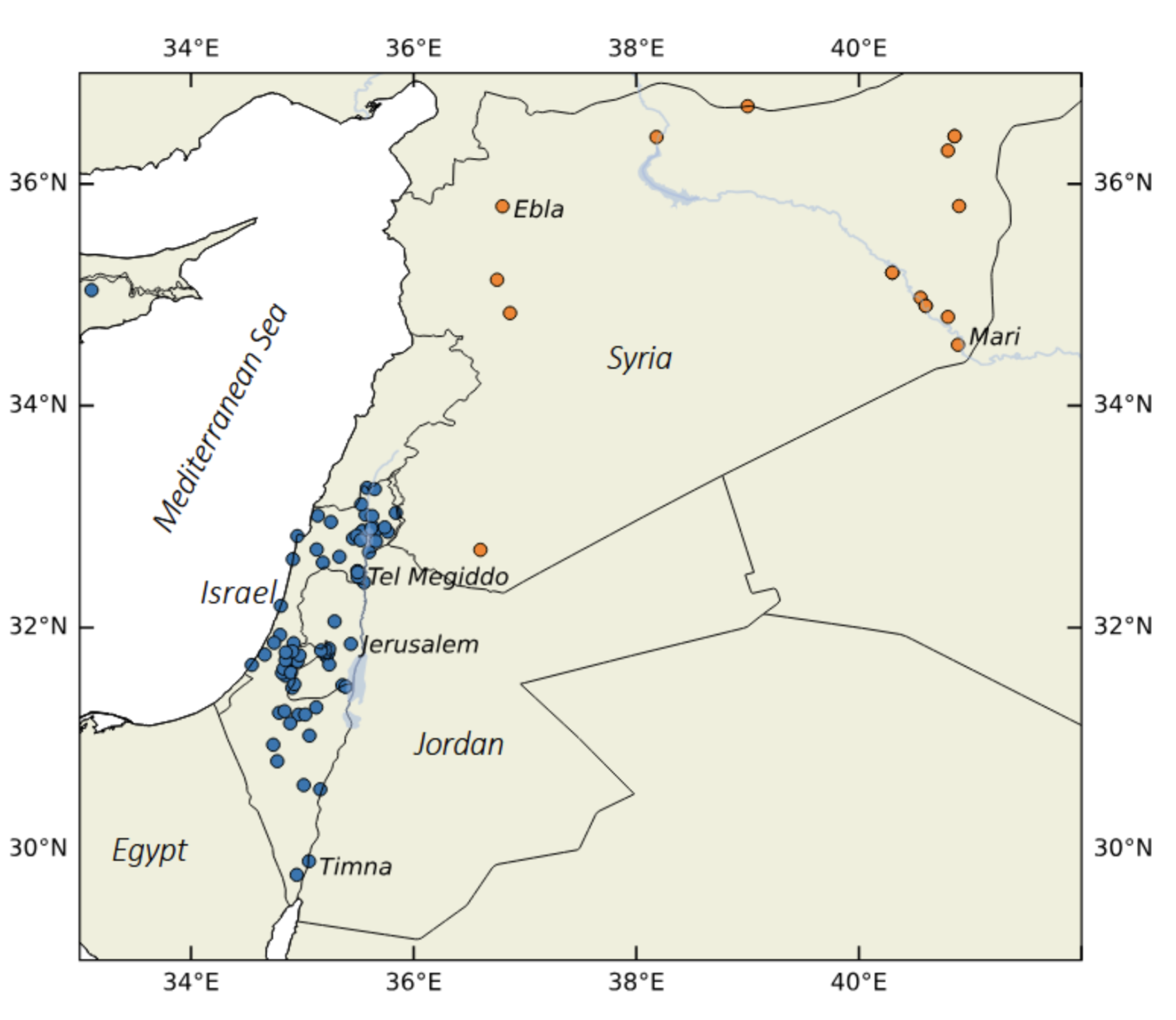 a map of the Middle East with locations marked around Israel and Syria