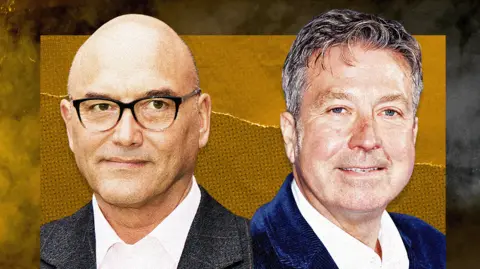 BBC Designed image showing headshots of Gregg Wallace and John Torode. Wallace is on the left, he has a shaved head, black rimmed glasses and is wearing a white open-necked shirt with grey jacket. Torode has short greying hair, a white open-necked shirt and grey jacket. 