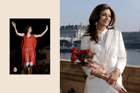 Press Association Two images: On the left Shilpa Shetty after leaving the Big Brother house, and on the right, she holds a bouquet of flowers