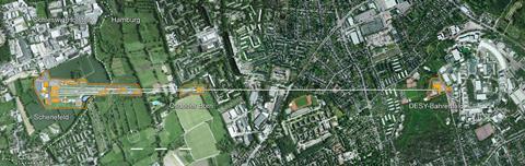 Satellite map showing the 3.4km beamline of the European XFEL passing between towns
