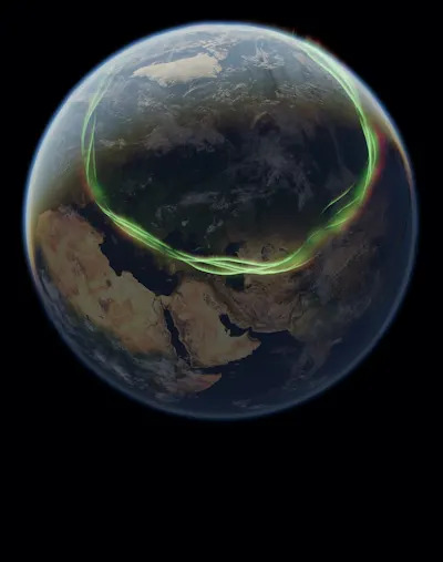 satellite image of Earth with a glowing green circle extending down across Europe