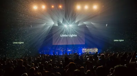 Zoe's Place Thousands of people pack an arena as performers are on stage and the words 'Little Lights' appear on three big screens.