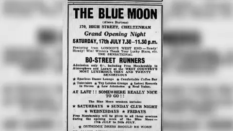 Submitted A newspaper advert from the 1960s, advertising the grand opening of a new club in Cheltenham called The Blue Moon. It says a band called the Bo-Street Runners will play, along with other information.