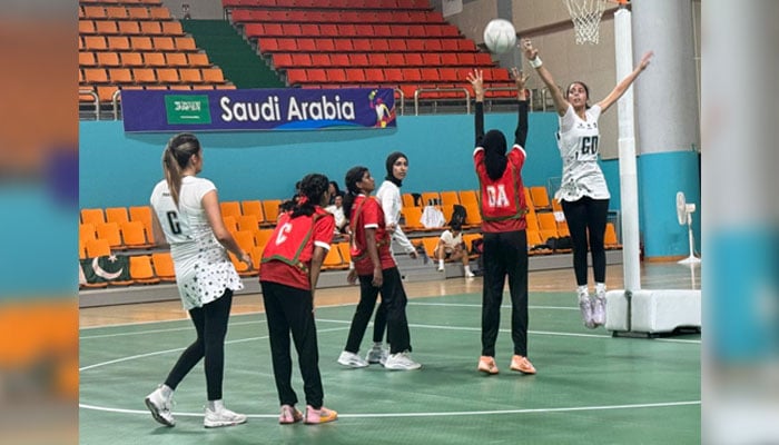 The members of the Pakistan team (white) and the Maldives team (red) can be seen in action during the Asian Youth Girls Netball Championship 2025 final (Plate Division Cup) at the Jeonju Hwasan Gymnasium, Jeonju, South Korea, on July 4, 2025. — Reporter